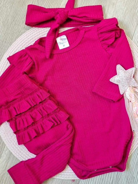 Conjunto Infantil Babado Canelado Fúcsia + Faixinha Um Conto de Fadas
