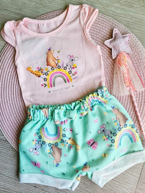Conjunto Infantil Bichinhos Arco Íris Rosa + Short Verde Água Kamylus