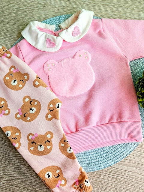 Conjunto Bebê Moletom Peluciado Gola Coração Ursa Rosa - comprar online