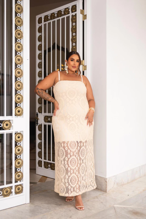 Vestido longo rendado alça fina- Divas Voga