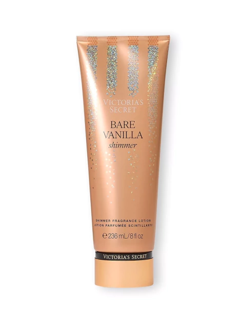 Frasco do hidratante Victoria's Secret Bare Vanilla Shimmer com 236ml em embalagem cor bronze com detalhes brilhantes