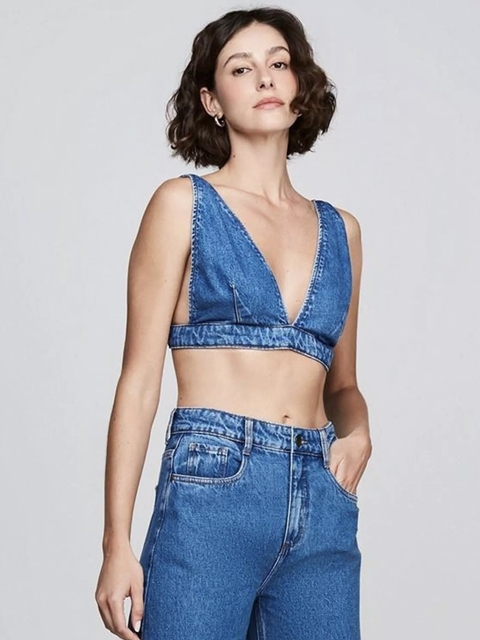 Top Dzarm Cropped Alças Largas em Jeans na Revoluse
