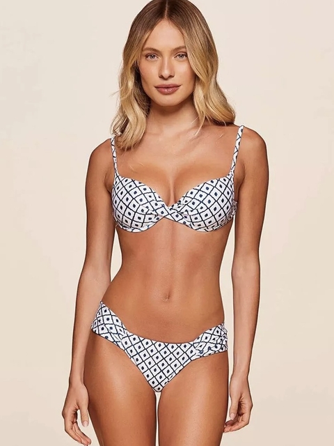 Biquíni Água Doce Ocean Branco/Azul - Top com Aro e Bojo + Calcinha Tanga Alta