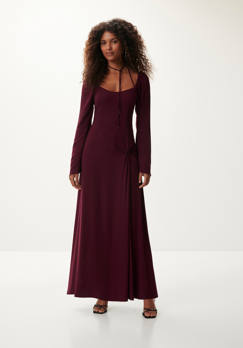 Vestido Lez a Lez Longo Manga Longa em Crepe Vinho na Revoluse