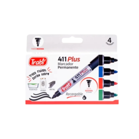 MARCADOR TRABI 411 PERMANENTE PTA. REDONDA ESTUCHE X4 U