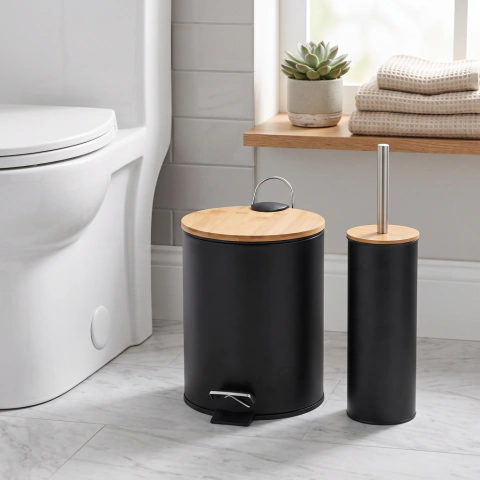 Kit de Escobilla de baño + Tacho Recipiente Tapa de Bambu Nona Minda