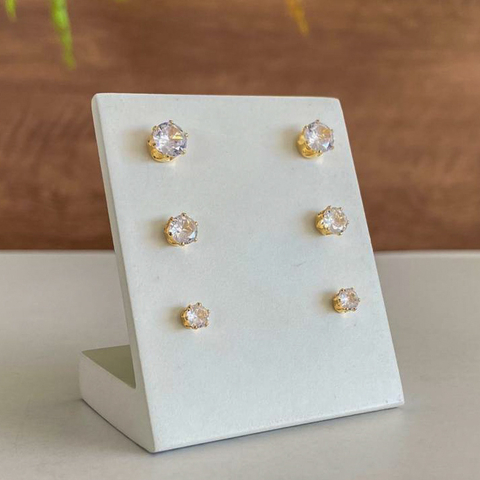 Trio Brincos Ponto de Luz Cristal - Banhando a Ouro 18k