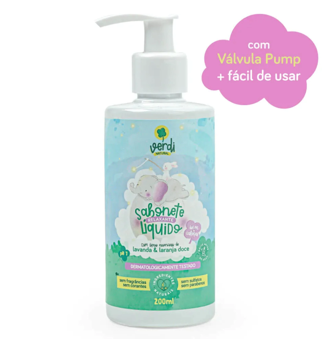 Sabonete Líquido e Shampoo Infantil Relaxante com Óleos Essenciais de Lavanda e Laranja Doce 200ml- Verdi Natural