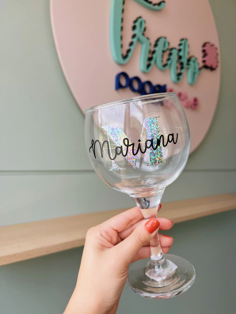 Taça de Gin Vidro 600ml Personalizada com Nome Holográfico - Trevo Papelarte