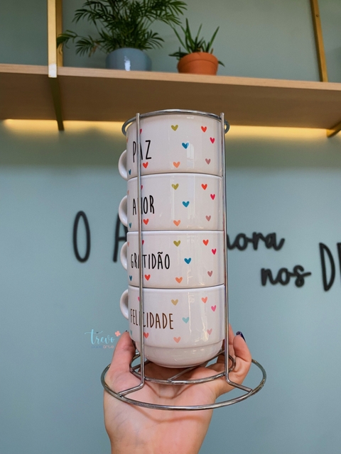 Suporte 4 xícaras palavras corações - loja online