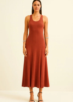 Vestido Malha Recortes Conhaque Shoulder