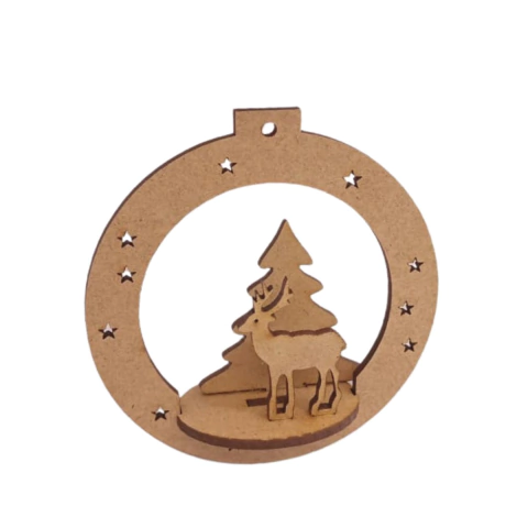Enfeite MDF Pendente Bola de Natal 3D com Rena 8cm
