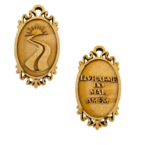 Escapulário Caminho Livrai-me do Mal 12x6,5cm MDF Cru Frente e Verso