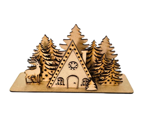 Cenário Natal Cabana e Pinheiros MDF cru 5 camadas 21x6x11cm (Desmontado)