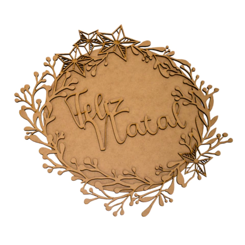 Guirlanda MDF Feliz Natal com Ramo e Estrelas 35cm