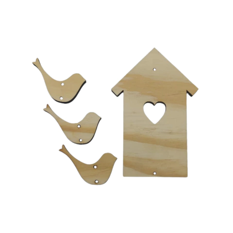 Placa Decorativa Casa e Pássaros Pinus a Laser 15x10cm