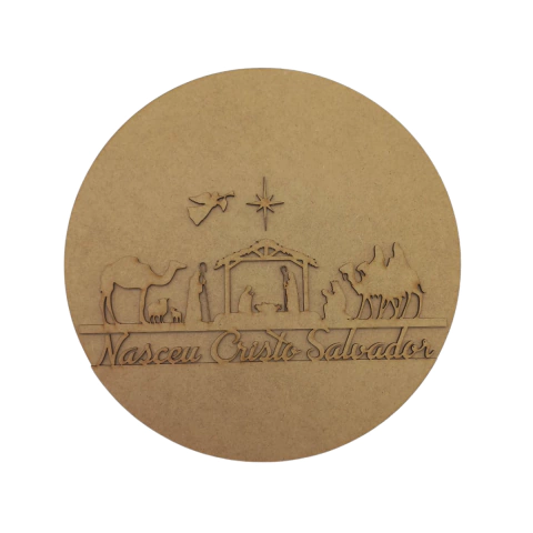 Guirlanda MDF Natal 3D Redonda com Presépio e Frase 30cm Nº2