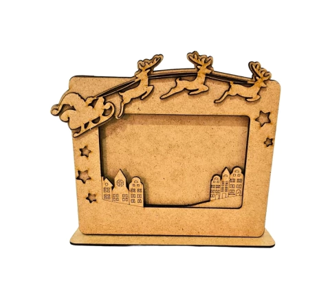 Porta Retrato de Natal MDF cru trenó e renas 10x15cm efeito 3D (DESMONTADO)