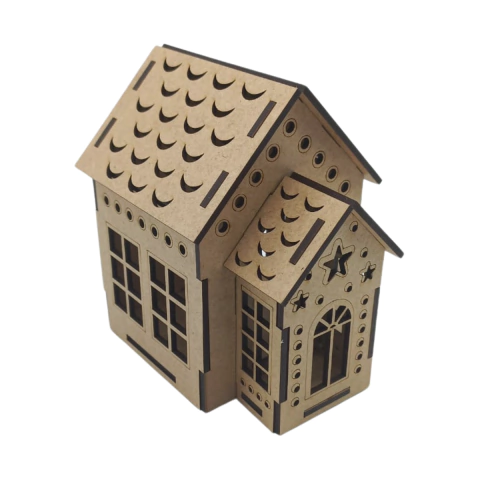 Decoração MDF Casa de Natal com Estrelas 11,5x10,5x8,5cm (desmontado)