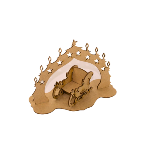 Cenário MDF de Natal Trenó com Arco de Estrelas 20x14x11cm (desmontado)