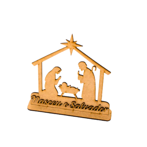 Presépio MDF de Natal Sagrada Família com frase 15,2x15x3cm (desmontado)