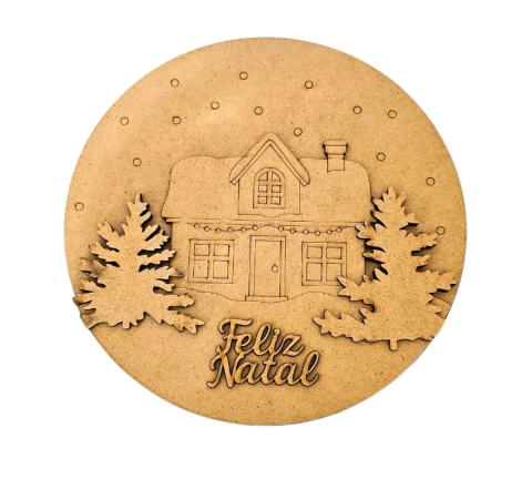 Placa redonda decorativa Natal MDF cru casa e pinheiros 25cm