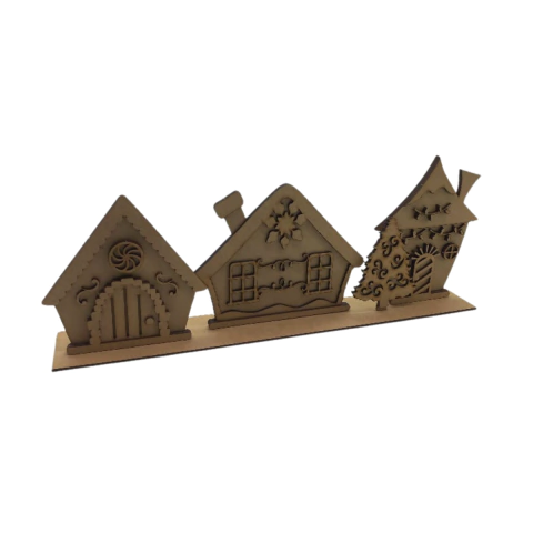 Cenário MDF de Natal com 3 casas de Doces na base 42x16,5cm (desmontado)