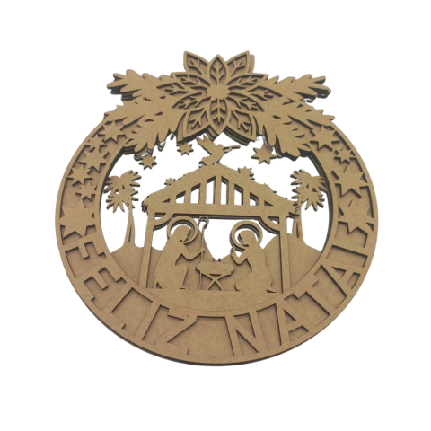 Guirlanda MDF 3D de Natal Presépio com Anjo 21,5x19cm