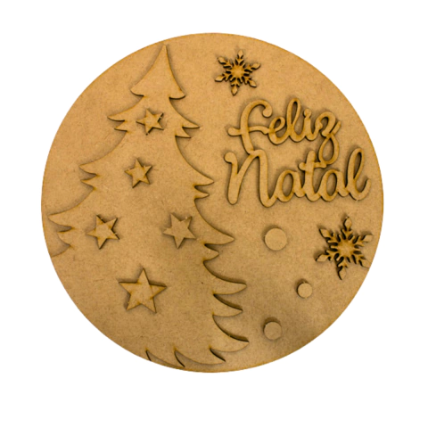 Guirlanda MDF Feliz Natal Redonda 3D com Árvore 25cm
