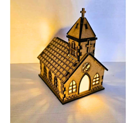 Igreja Natalina MDF cru 10,5x8,5x12,5cm com abertura LED