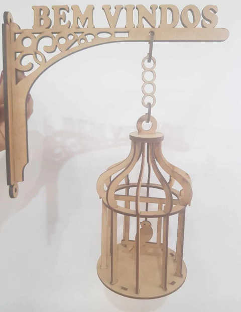 Suporte de Parede MDF Gaiola Redonda com Pássaro