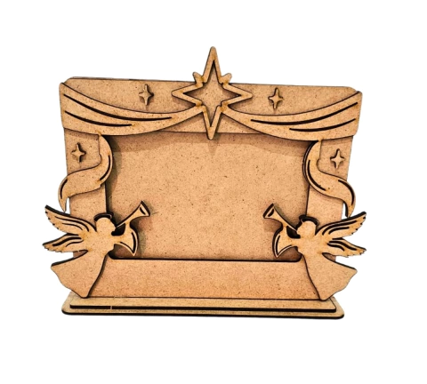 Porta Retrato de Natal MDF cru anjos com trombetas 10x15cm efeito 3D (DESMONTADO)