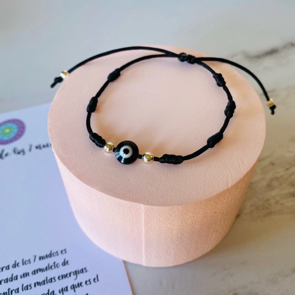 Pulsera de los 7 Nudos Negra + Ojito Azul