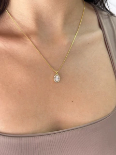 Conjunto colar e brinco oval cravejado semijoia - Pedra Rosa Joias