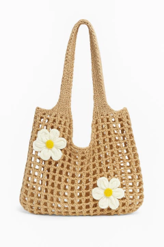 Bolsa de Ombro Tricotada Vazada com Aplicação de Margaridas