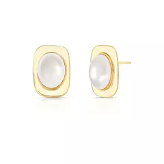 Brinco Retangular Banhado a Ouro com Pérola Shell Oval