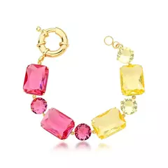 Pulseira com Cristais Retangulares Rosa e Amarelo Banhado a Ouro 18K