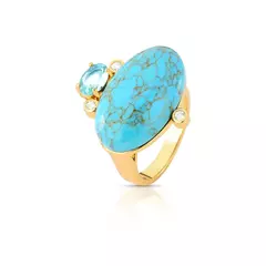 Anel Oval Banhado a Ouro com Cristais Azul Claro e Pedra Reconstruída - comprar online