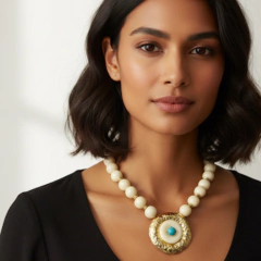 Colar Maxi Resina com Pingente Oval Dourado com Detalhe em Turquesa 50CM - comprar online