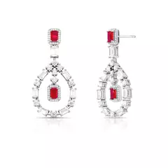 Brinco Pêndulo Vazado Banhado a Ródio com Cristais Geométricos e Zircônias Vermelho