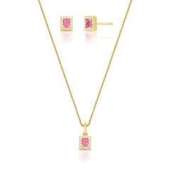 Conjunto Brinco e Colar Quadrados com Cristal e Zircônias Rosa Escuro - comprar online