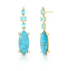 Brinco Pêndulo com Cristais Azul Claro e Pedra Reconstituída