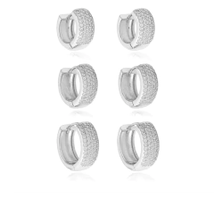 Brinco Kit 3 Argolas Banhada a Ródio com 5 Fileiras Cravejado de Zircônias - comprar online