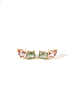 Brinco Earcuff Gota e Retângulo Cristal Rodolita e Cristal Rutilado Verde - comprar online