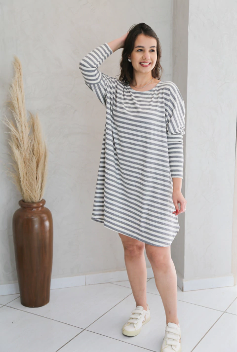 Vestido Stella listrado - cinza com off