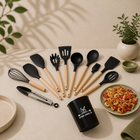 Kit Jogo Utensílios Colheres Silicone Madeira 12 Peças Preto - Beleza e Qualidade em Cada Detalhe - comprar online