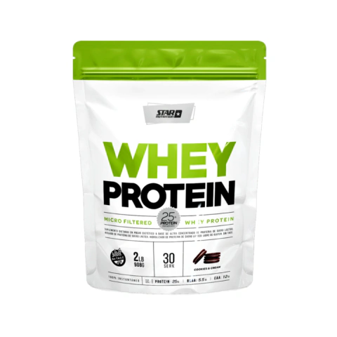 Suplemento de proteína Whey Protein en presentación Doy Pack de 2 libras de la marca Star Nutrition, sabor cookies & cream.
