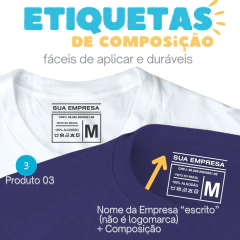 140 Unidades Etiquetas de Composição Termocolantes = NOME DA EMPRESA + COMPOSIÇÃO COMPLETA - Toque Zero