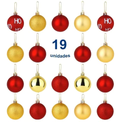 Kit 19 Bola Natal Glitter Vermelha Dourada com Brilho HoHoHo Bola 5cm Decorada Brilhante Premium Luz - comprar online