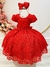 Vestido Infantil Vermelho Tule C/ Renda Florido Cinto de Pérolas (1739VM)